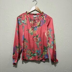 Current Air salmon floral print tie detail neckline satin finish blouse (XS)